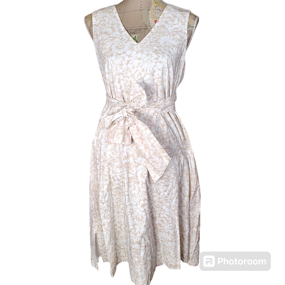 ANN TAYLOR Factory Size Small Petite Tan White Floral Cotton A-Line Midi Dress